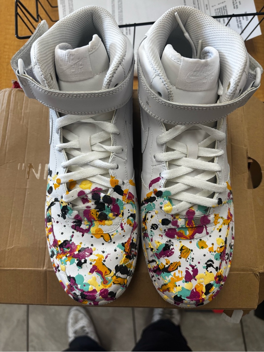 Nike Air Force 1 Mid Top custom Sneakers - White with Multicolor Paint Splatter - Picture 2 of 4